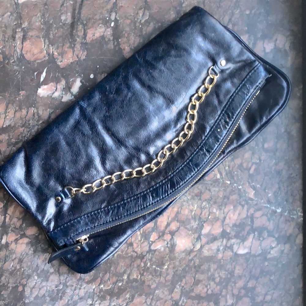 Joseph Charles Navy Leather Chain Folded Clutch